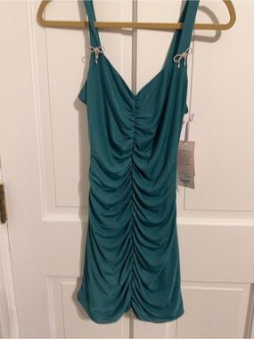Johnny Wujek Teal Ruched Slip Mini with Tie Straps